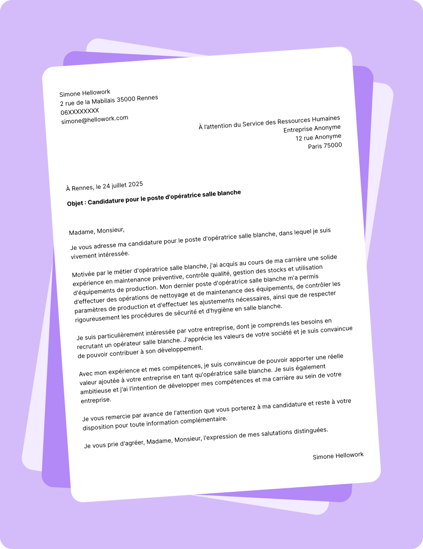 Exemple lettre de motivation Opérateur salle blanche