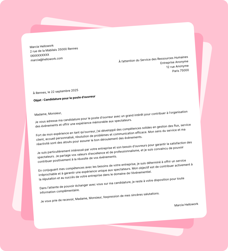 Exemple lettre de motivation Ouvreur