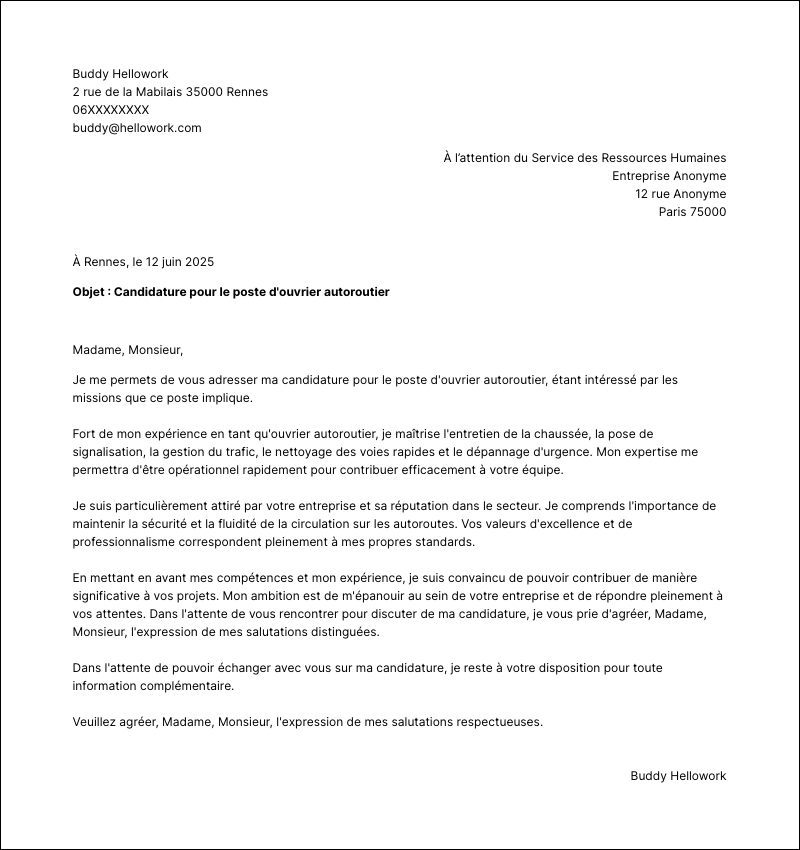 Modèle lettre de motivation Ouvrier autoroutier Exemple lettre de motivation Ouvrier autoroutier