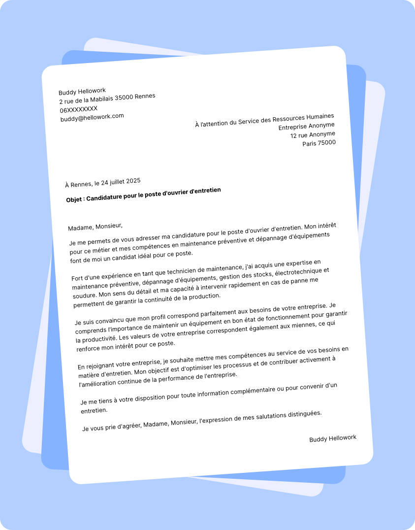 Modèle lettre de motivation Ouvrier d'entretien Exemple lettre de motivation Ouvrier d'entretien
