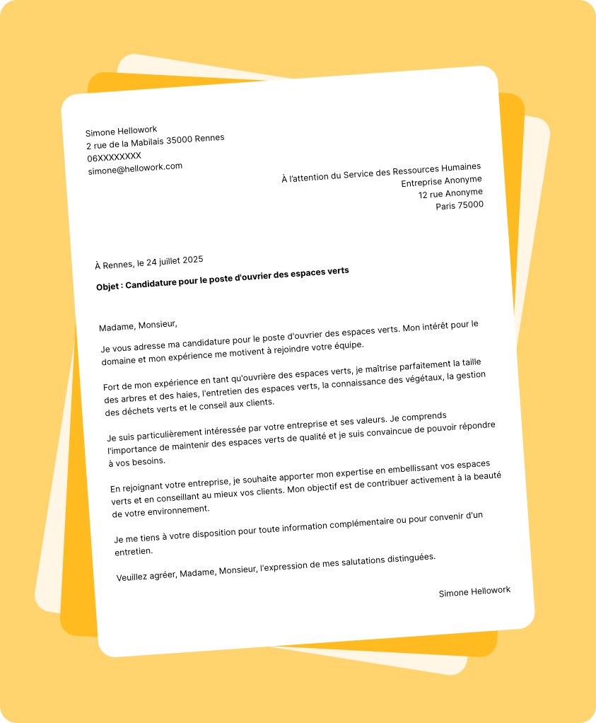 Modèle lettre de motivation Ouvrier des espaces verts Exemple lettre de motivation Ouvrier des espaces verts