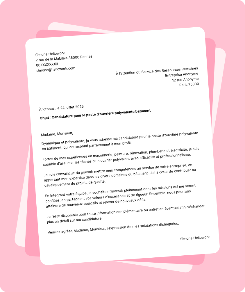 Modèle lettre de motivation Ouvrier polyvalent bâtiment Exemple lettre de motivation Ouvrier polyvalent bâtiment