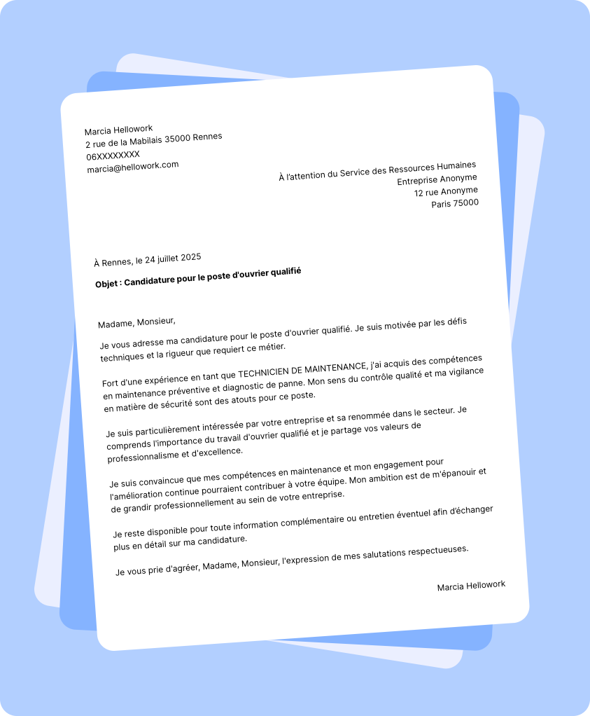 Modèle lettre de motivation Ouvrier qualifié Exemple lettre de motivation Ouvrier qualifié
