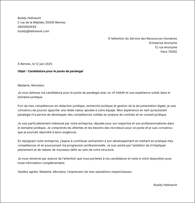 Modèle lettre de motivation Paralegal Exemple lettre de motivation Paralegal