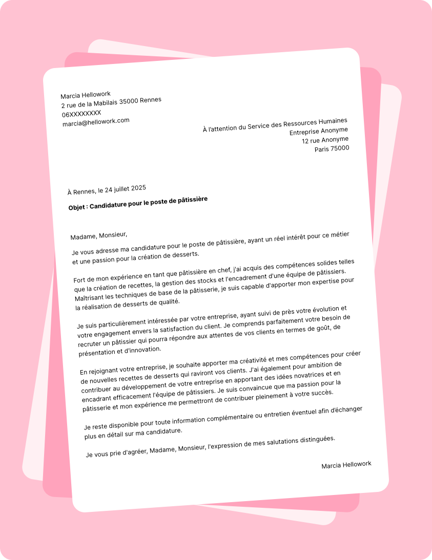 Exemple lettre de motivation Pâtissier
