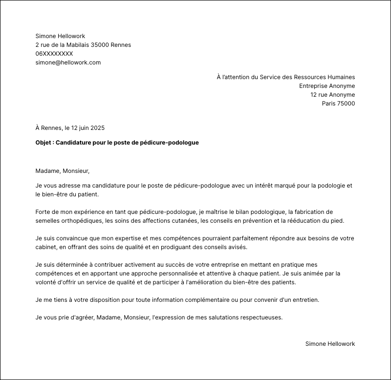 Modèle lettre de motivation Pédicure-podologue Exemple lettre de motivation Pédicure-podologue