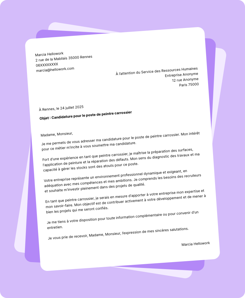 Exemple lettre de motivation Peintre carrossier