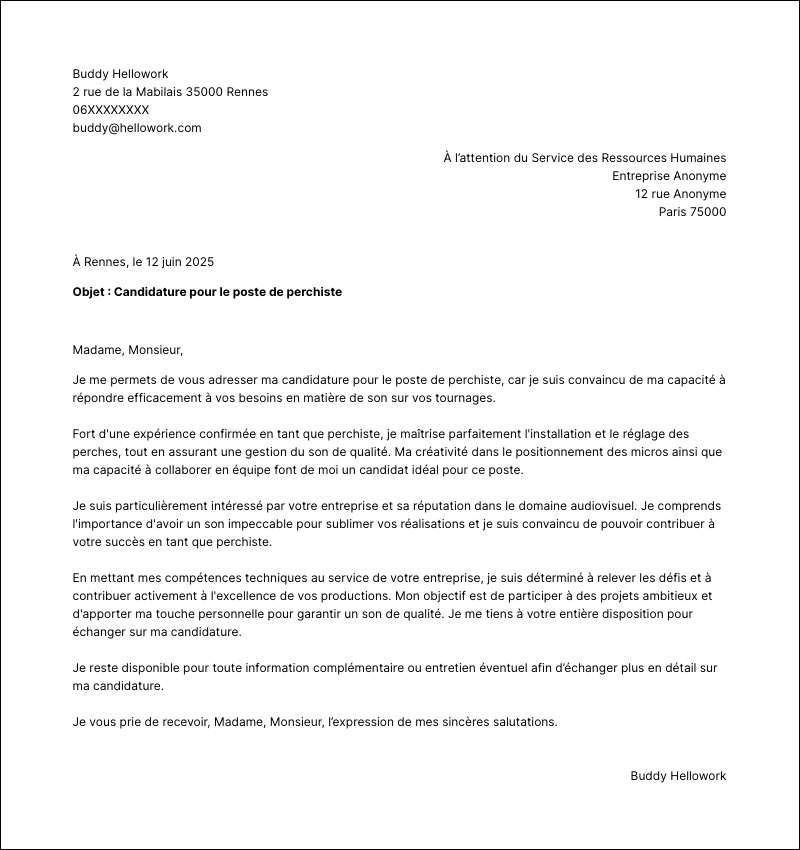 Exemple lettre de motivation Perchiste