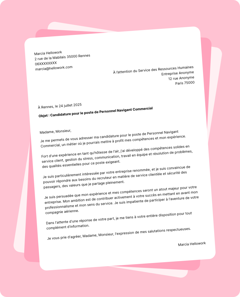 Exemple lettre de motivation Personnel navigant commercial