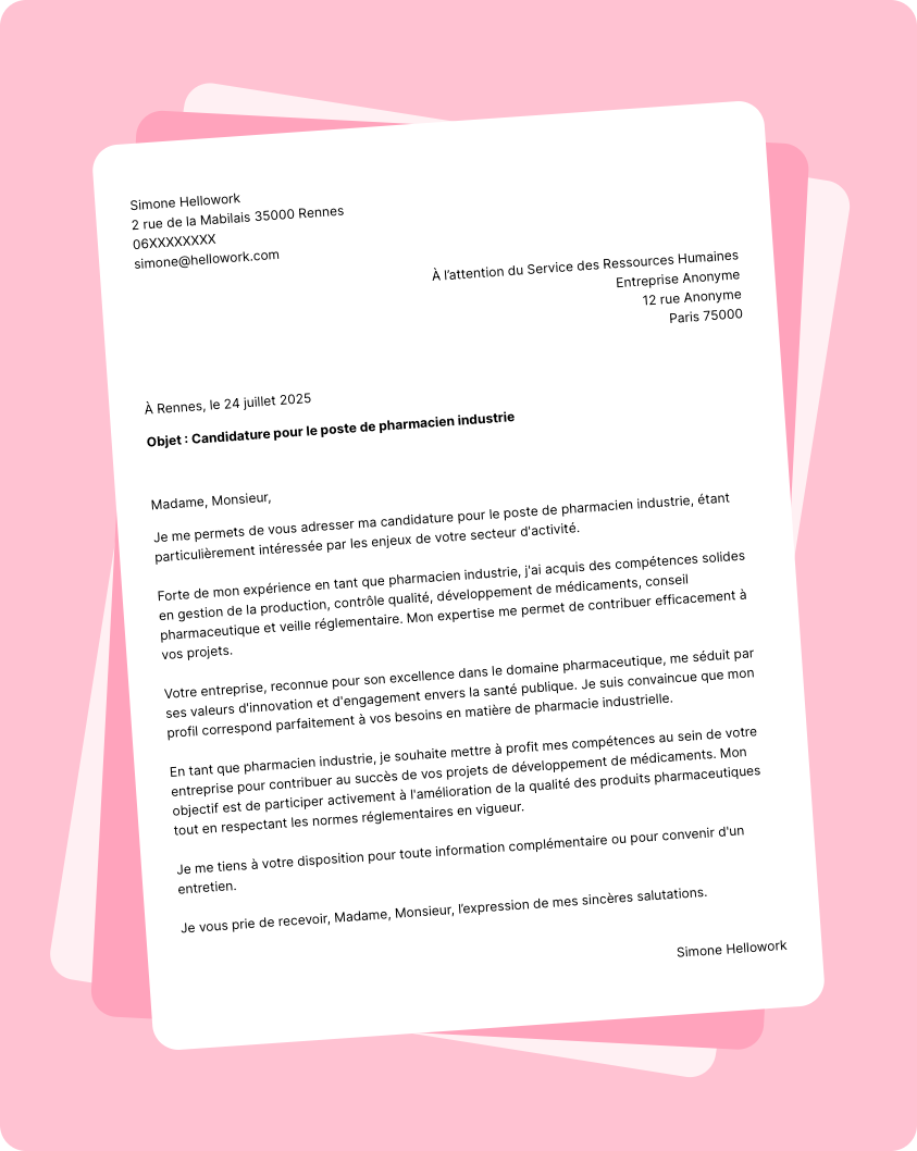 Exemple lettre de motivation Pharmacien industrie