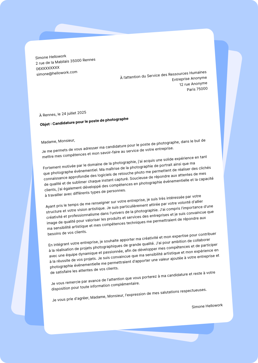 Modèle lettre de motivation Photographe Exemple lettre de motivation Photographe