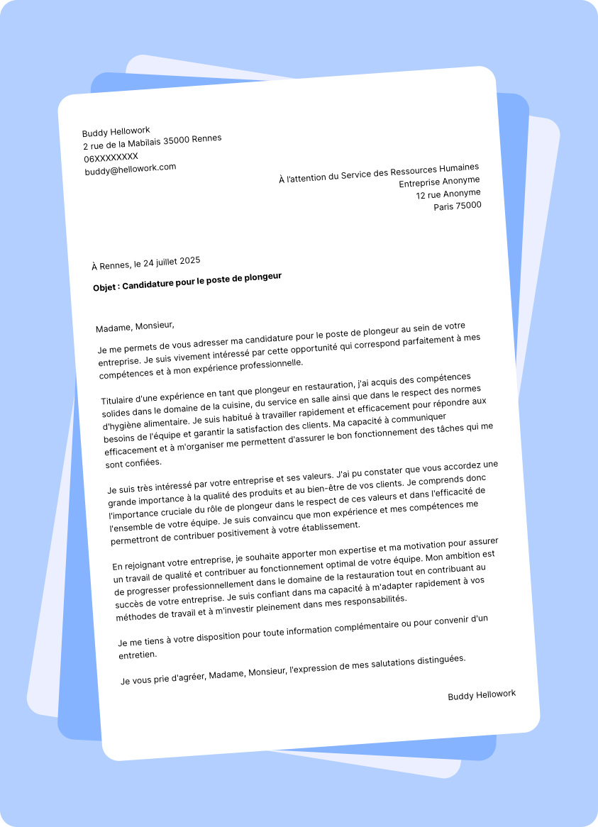 Modèle lettre de motivation Plongeur en restauration Exemple lettre de motivation Plongeur en restauration