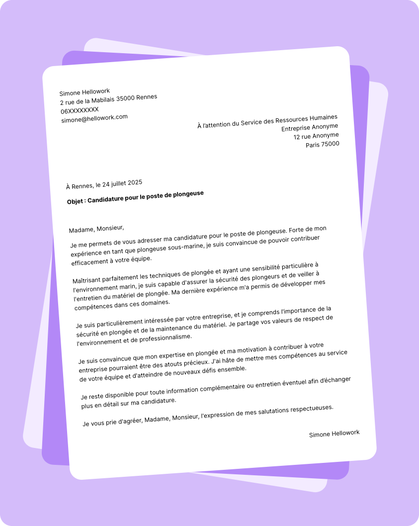 Modèle lettre de motivation Plongeur Exemple lettre de motivation Plongeur