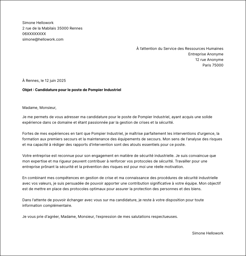Modèle lettre de motivation Pompier industriel Exemple lettre de motivation Pompier industriel