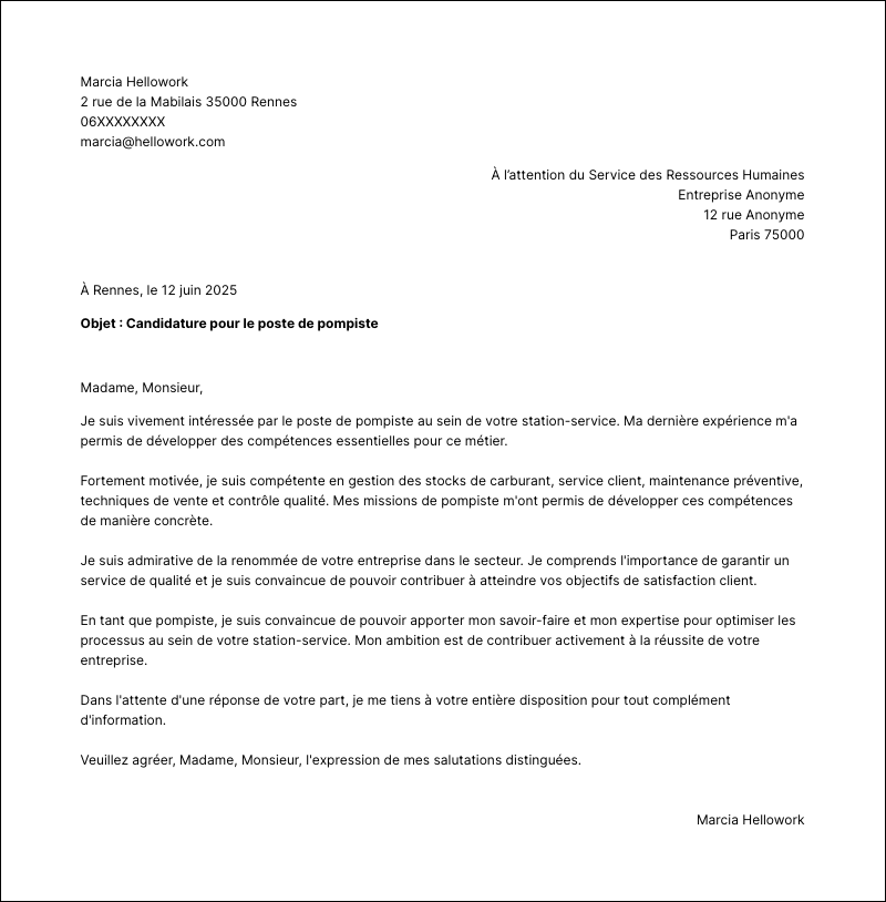 Modèle lettre de motivation Pompiste Exemple lettre de motivation Pompiste