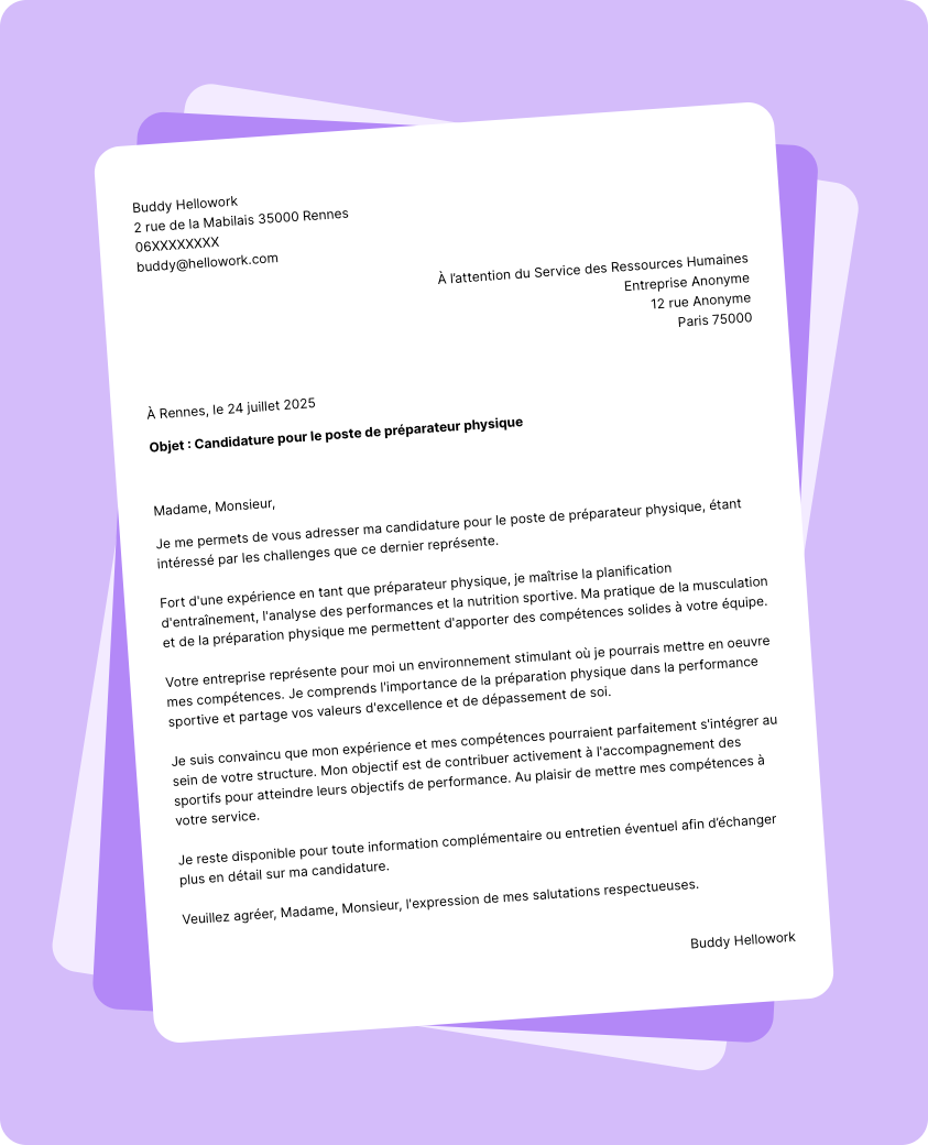 Exemple lettre de motivation Préparateur physique