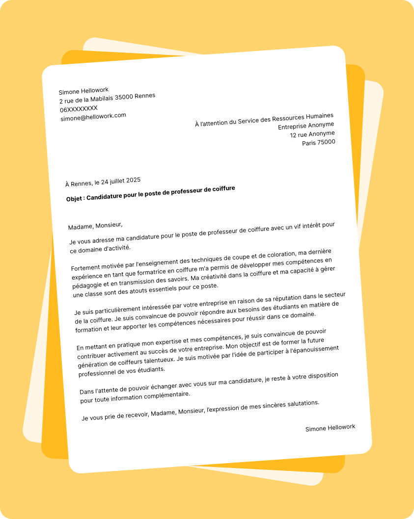 Exemple lettre de motivation Professeur de coiffure