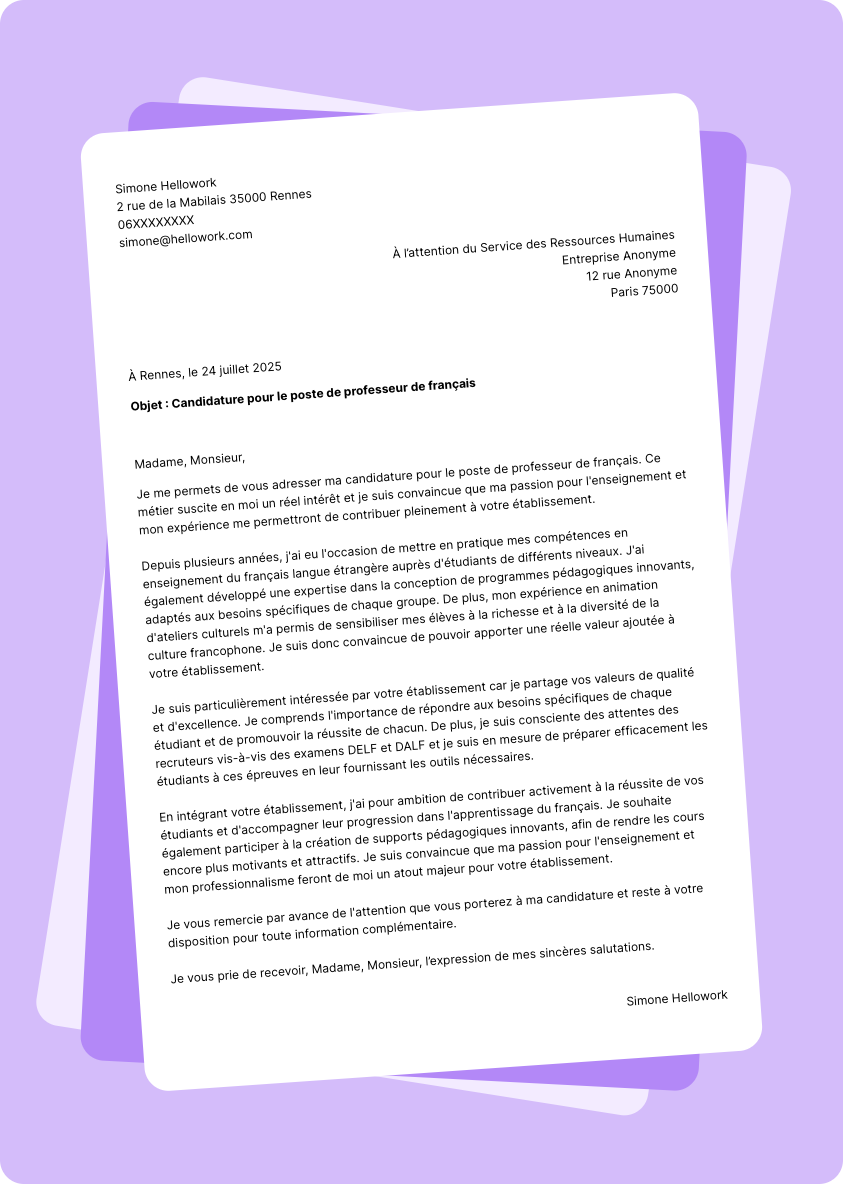 Exemple lettre de motivation Professeur de français