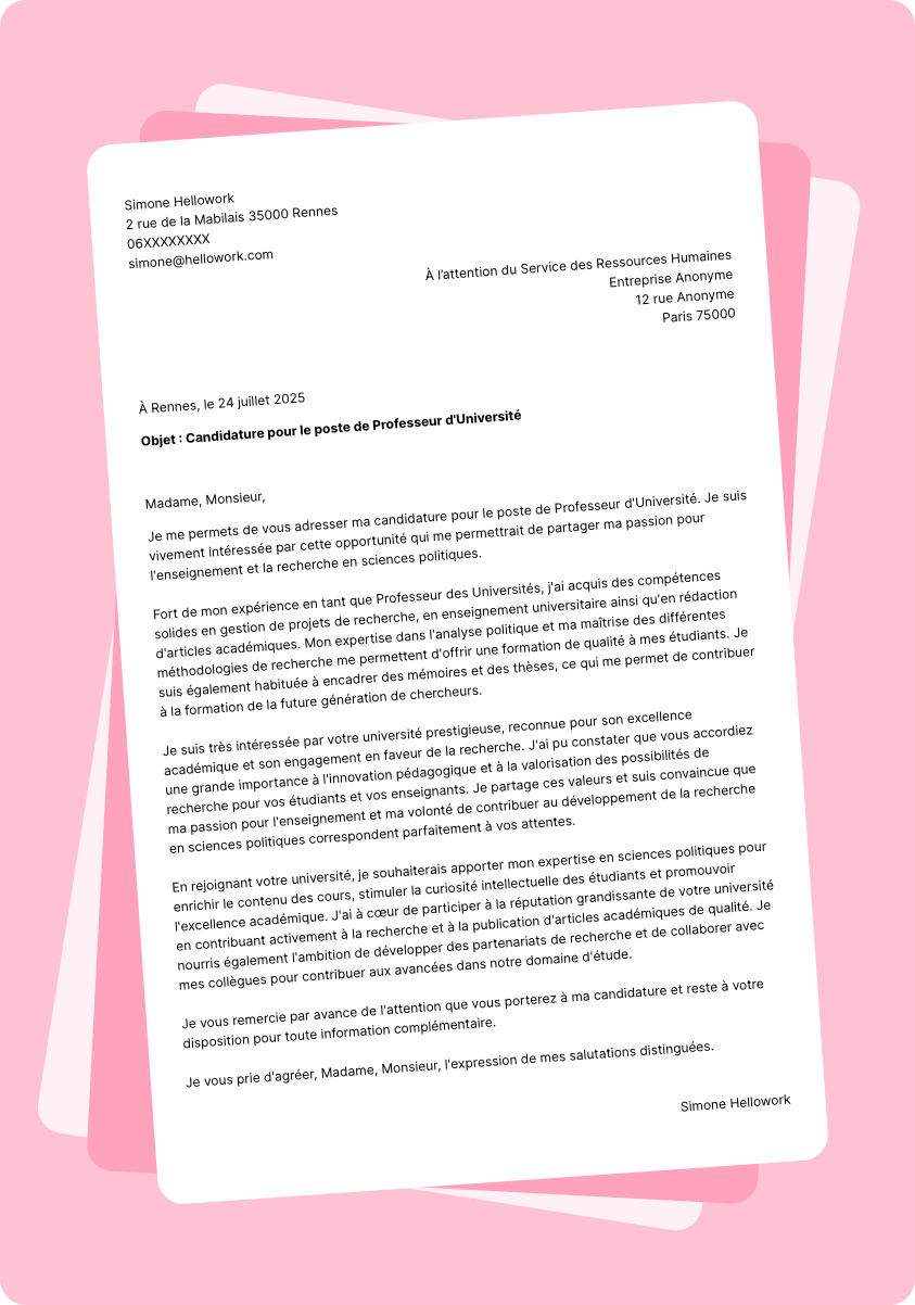 Exemple lettre de motivation Professeur enseignement supérieur