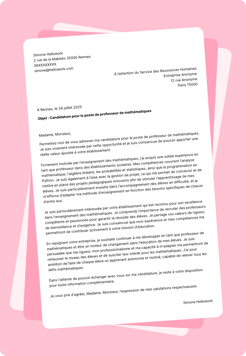Exemple lettre de motivation Prof de maths