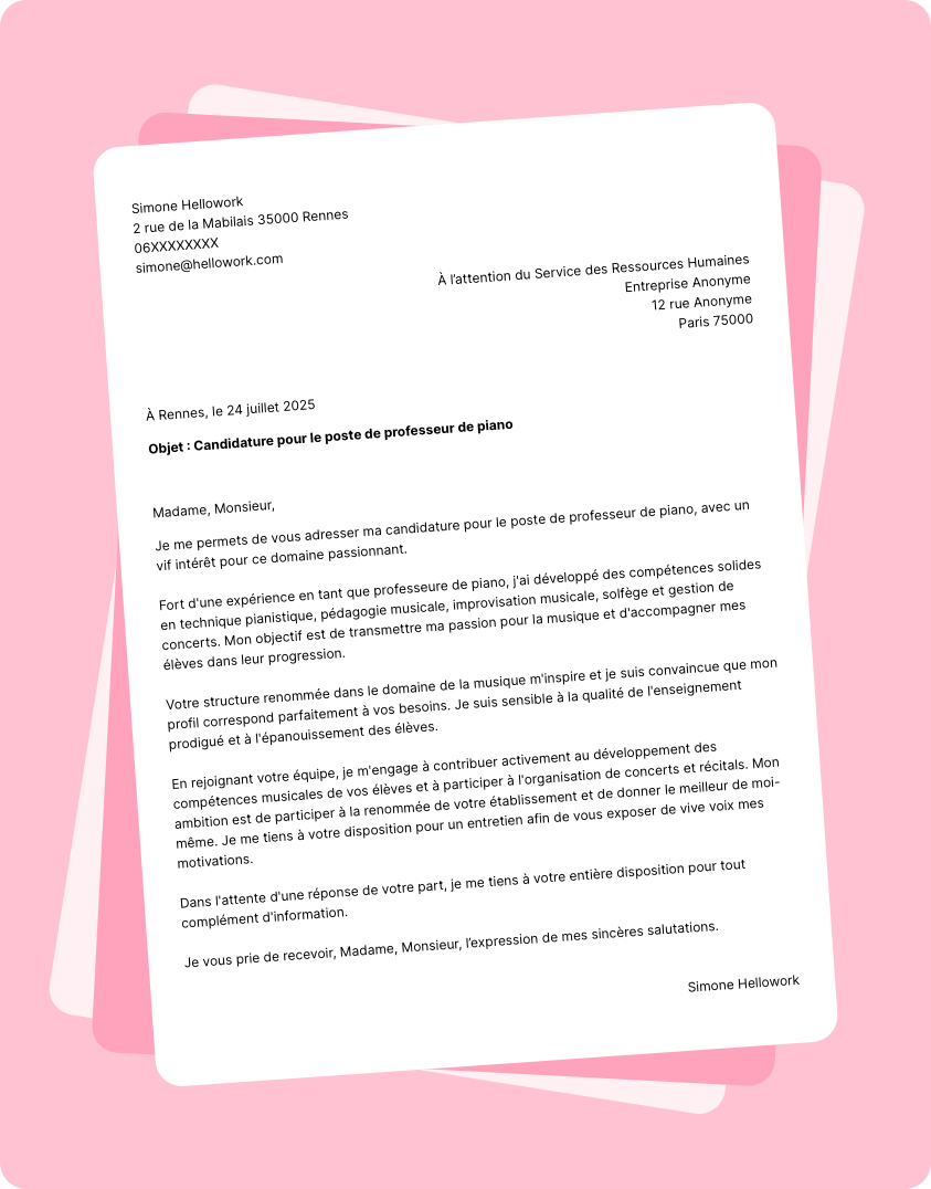 Exemple lettre de motivation Professeur de piano