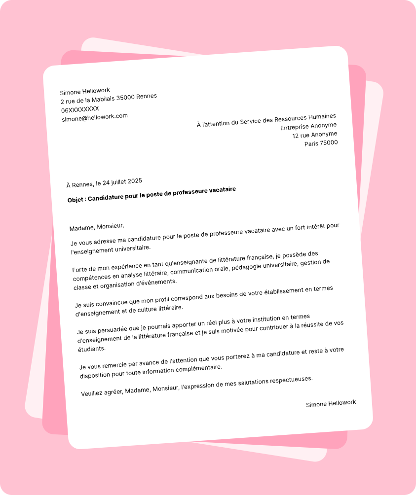 Exemple lettre de motivation Professeur vacataire