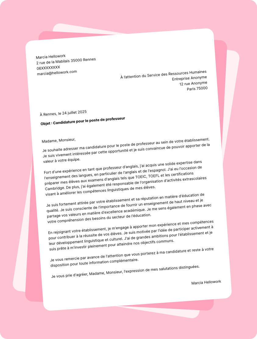Exemple lettre de motivation Professeur