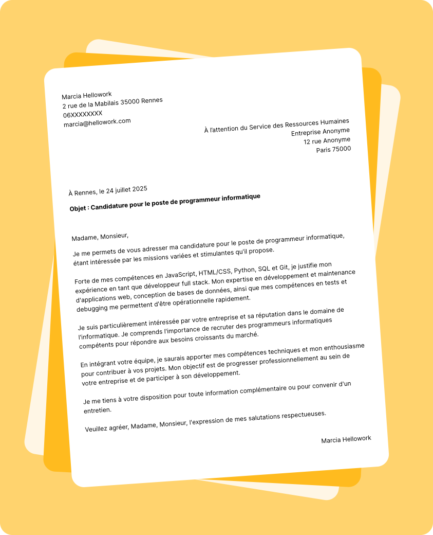 Exemple lettre de motivation Programmeur informatique