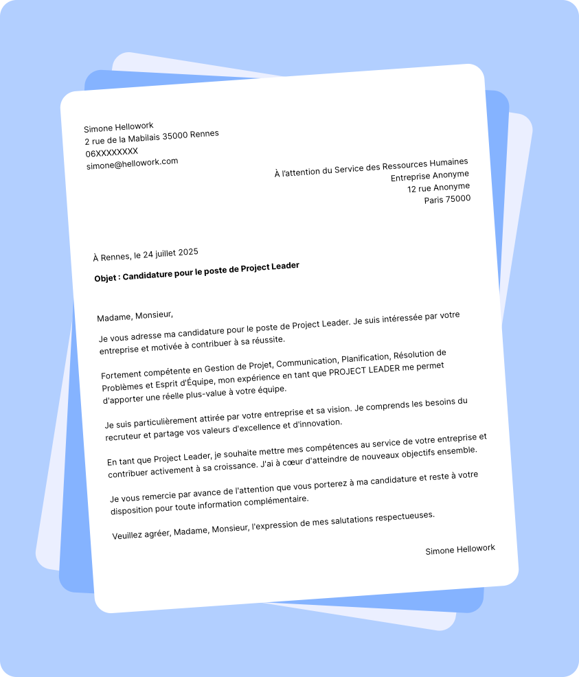 Exemple lettre de motivation Project leader