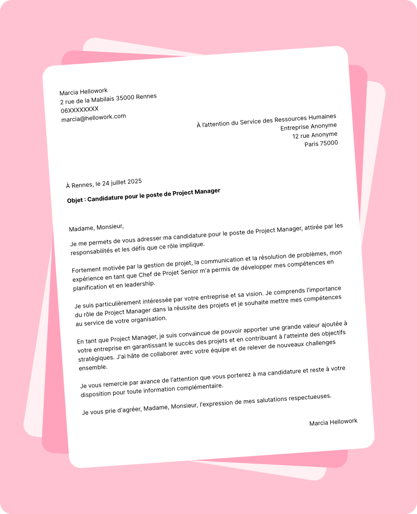 Modèle lettre de motivation Project manager Exemple lettre de motivation Project manager
