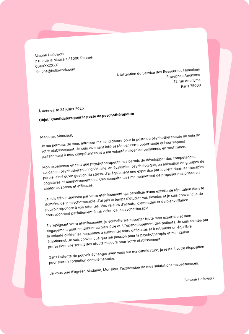 Exemple lettre de motivation Psychothérapeute