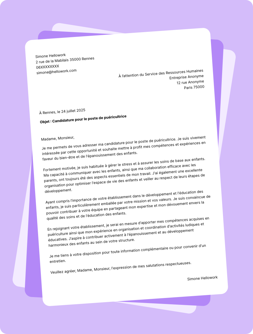 Exemple lettre de motivation Puéricultrice