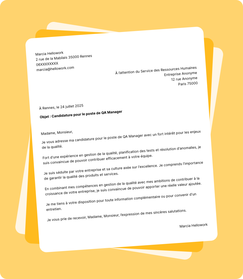 Modèle lettre de motivation QA manager Exemple lettre de motivation QA manager