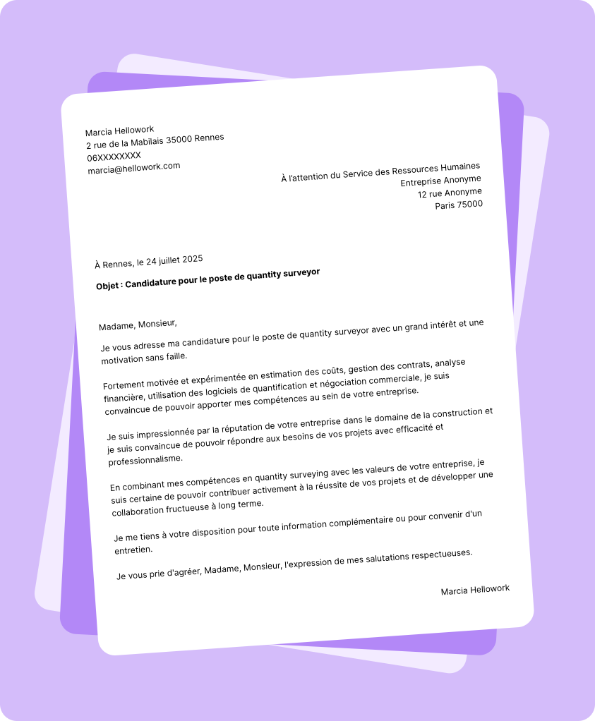 Exemple lettre de motivation Quantity surveyor