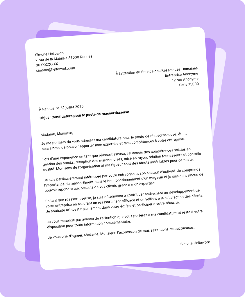 Modèle lettre de motivation Réassortisseur Exemple lettre de motivation Réassortisseur
