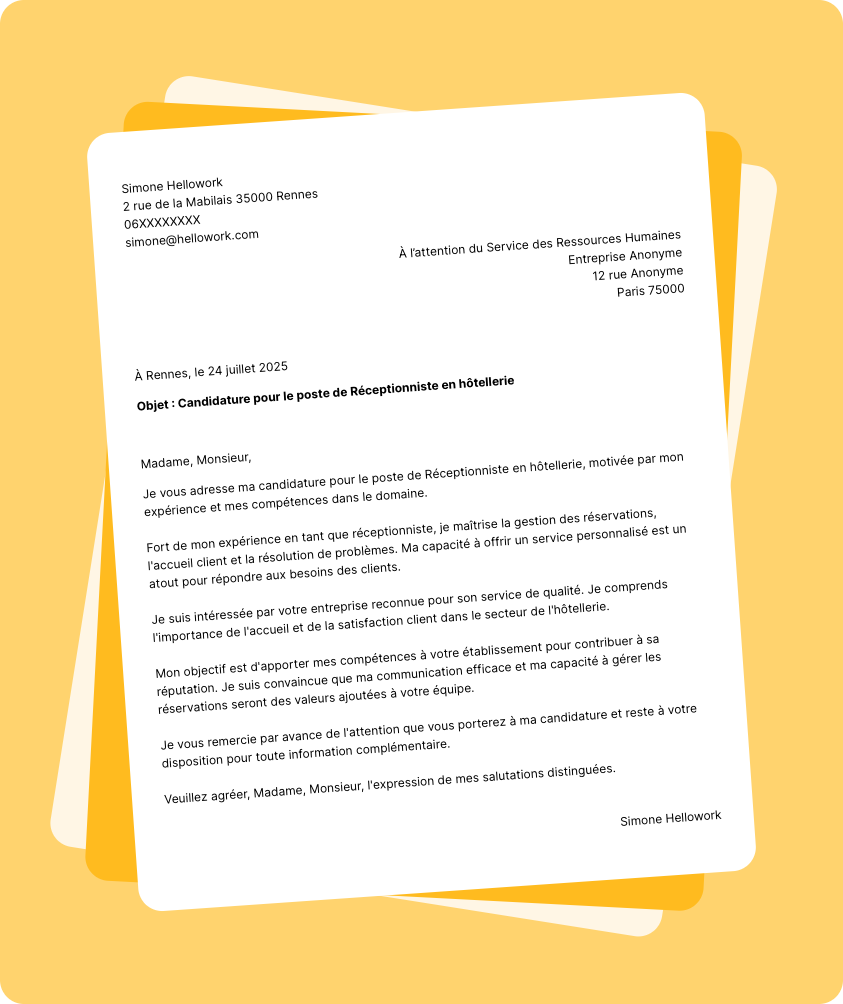 Exemple lettre de motivation Réceptionniste en hôtellerie
