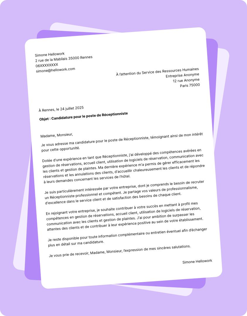 Exemple lettre de motivation Réceptionniste