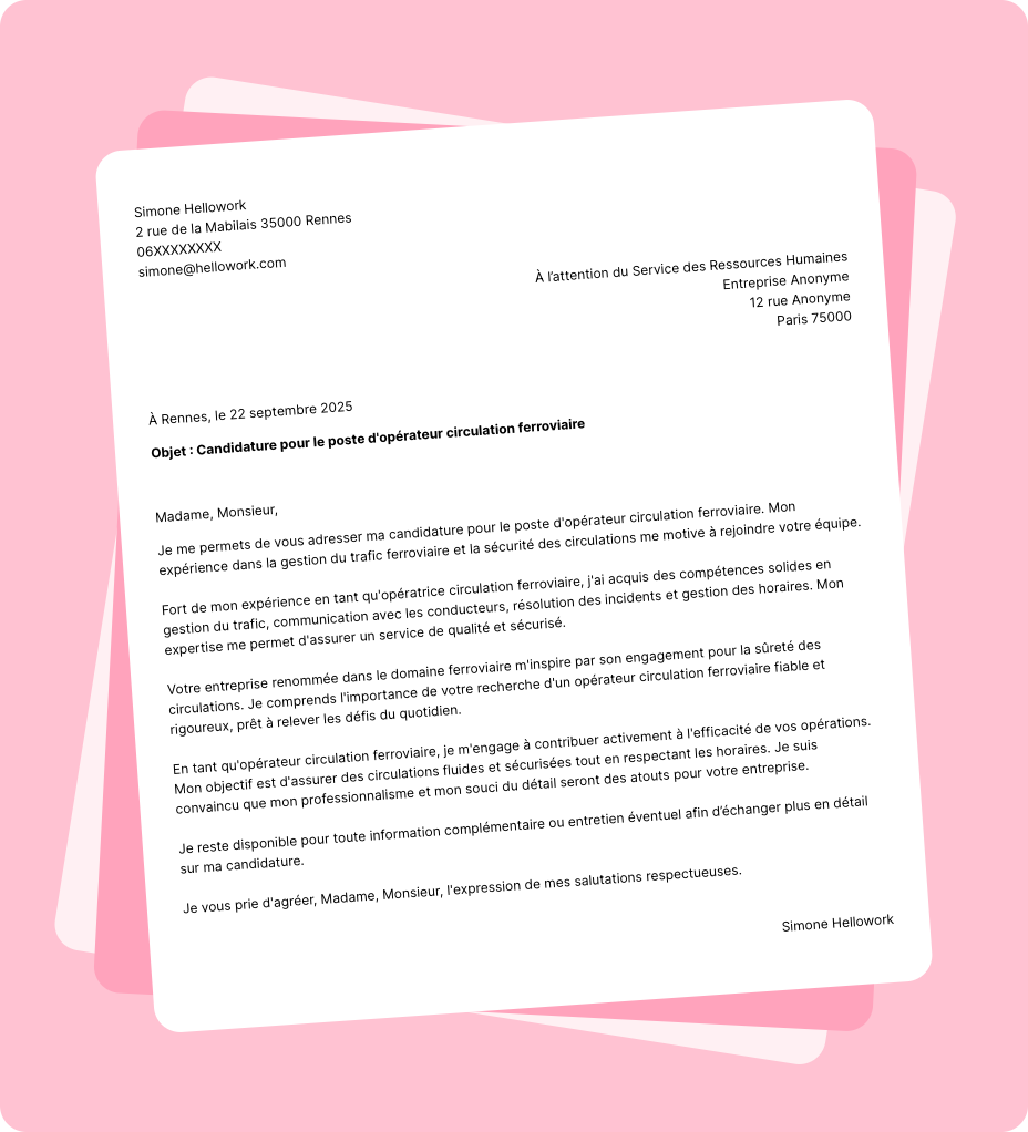 Modèle lettre de motivation Opérateur circulation ferroviaire Exemple lettre de motivation Opérateur circulation ferroviaire
