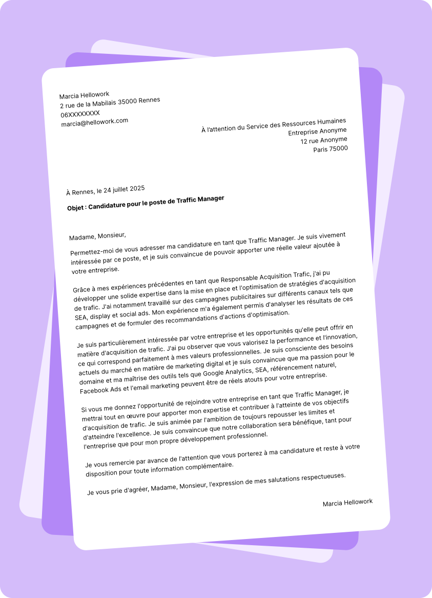 Modèle lettre de motivation Responsable acquisition trafic Exemple lettre de motivation Responsable acquisition trafic