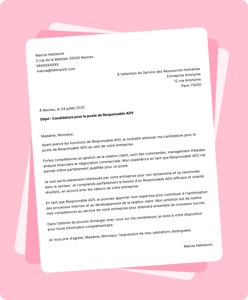 Exemple lettre de motivation Responsable ADV