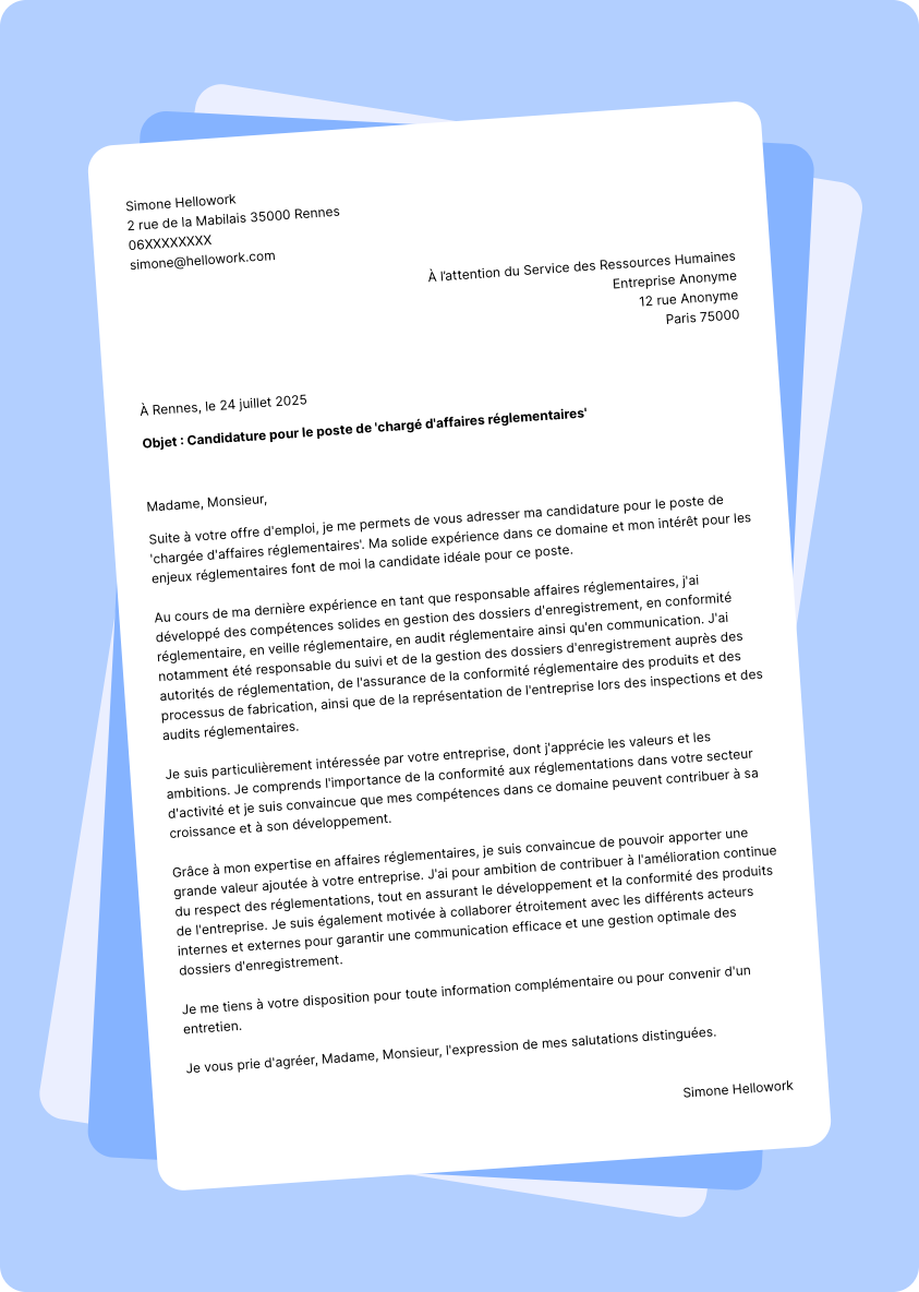 Exemple lettre de motivation Chargé d'affaires réglementaires