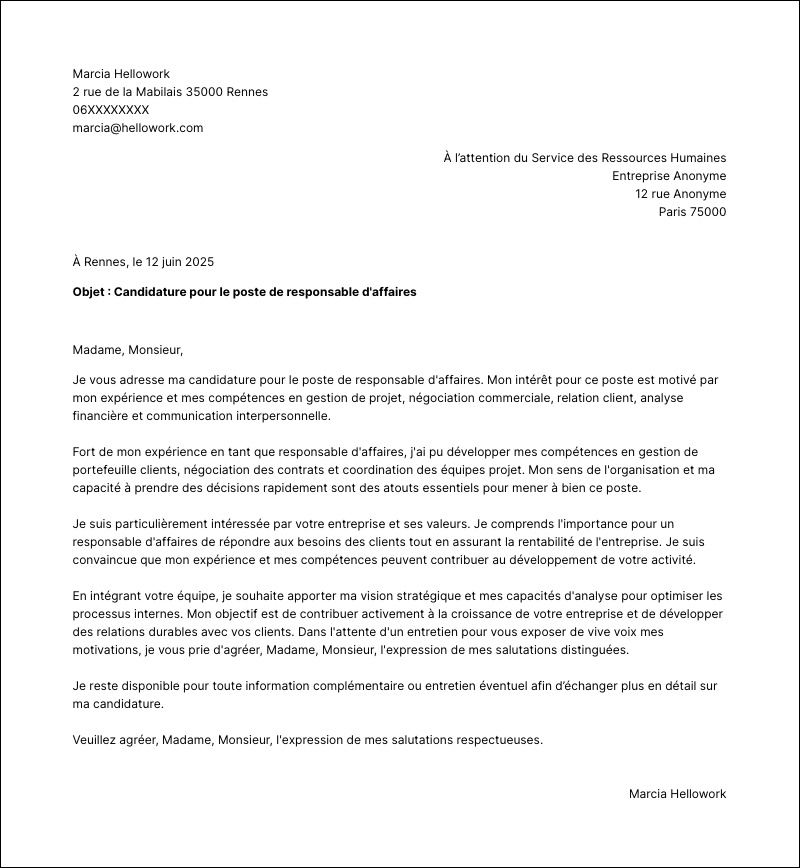 Modèle lettre de motivation Responsable d'affaires Exemple lettre de motivation Responsable d'affaires
