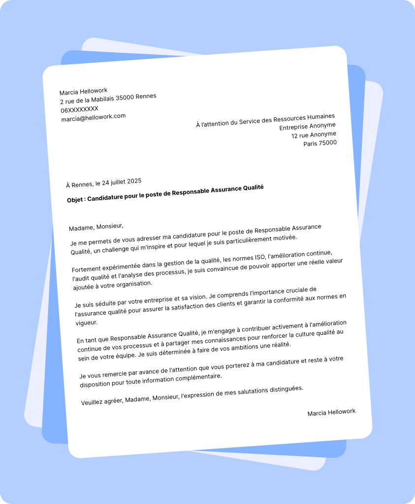 Exemple lettre de motivation Responsable assurance qualité