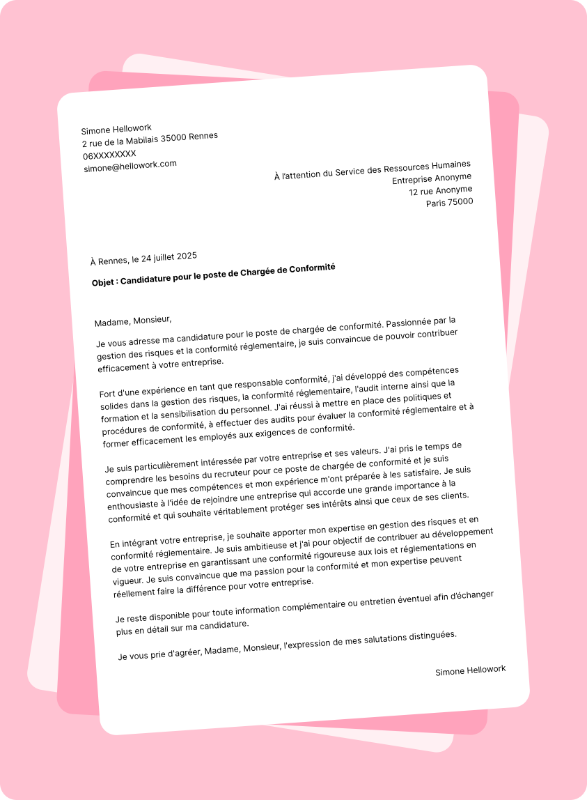 Exemple lettre de motivation Chargé de conformité