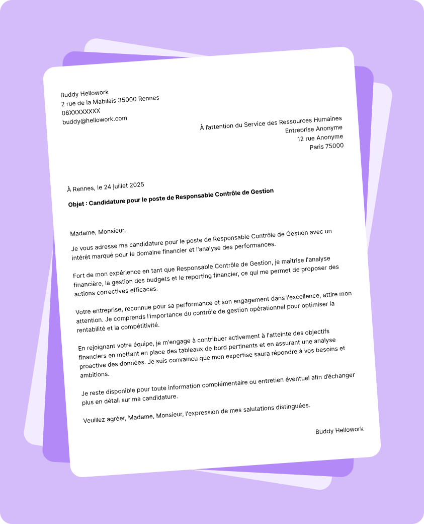 Modèle lettre de motivation Responsable contrôle de gestion Exemple lettre de motivation Responsable contrôle de gestion