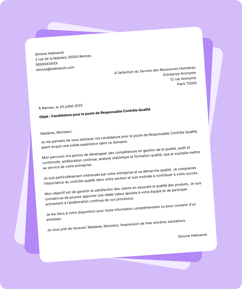 Exemple lettre de motivation Responsable contrôle qualité