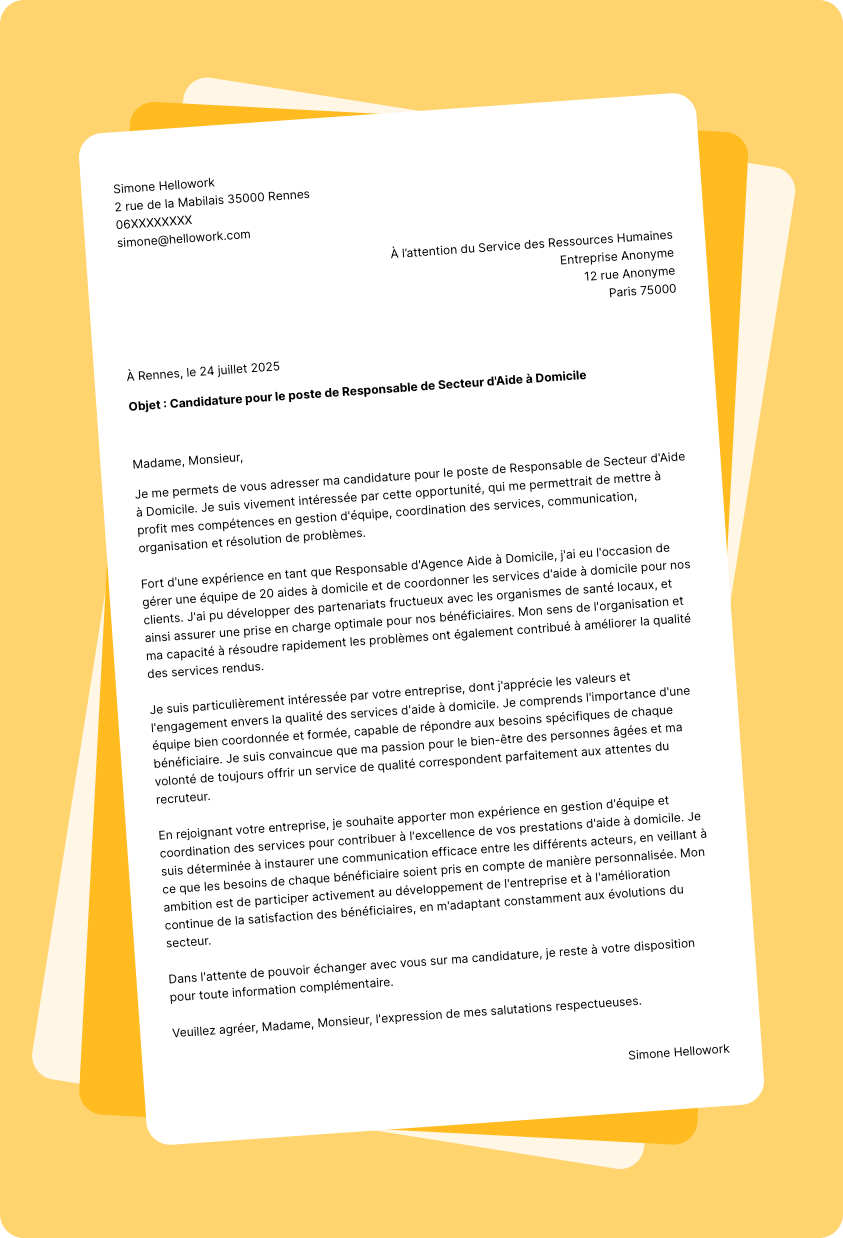 Exemple lettre de motivation Responsable d'agence aide à domicile