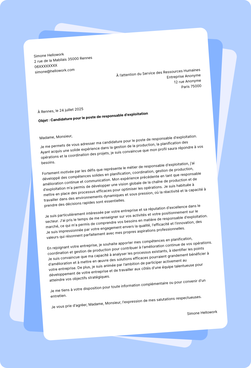 Modèle lettre de motivation Responsable d'exploitation Exemple lettre de motivation Responsable d'exploitation