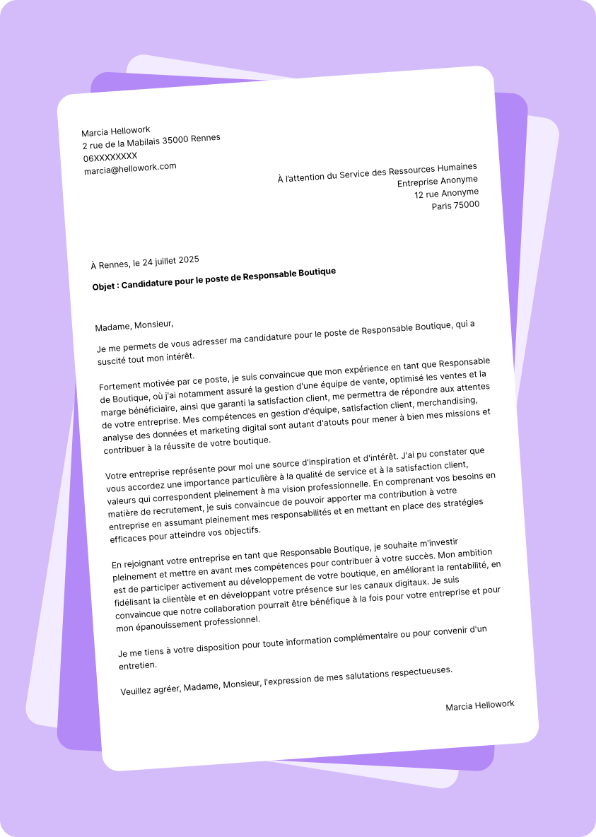 Exemple lettre de motivation Responsable de boutique