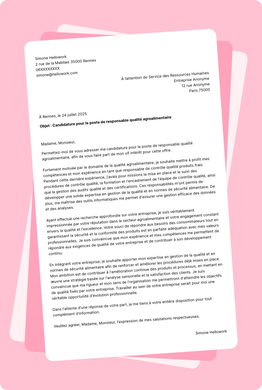 Exemple lettre de motivation Responsable qualité agroalimentaire